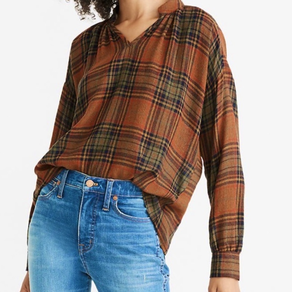 Madewell Brentwood Plaid  XL Highroad Popover Shirt Blouse Oversized Brown